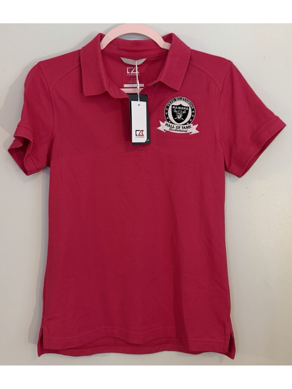 NWT Cutter & Buck Pink Las Vegas Raiders Fred Biletnikoff Golf Polo Wmns Small